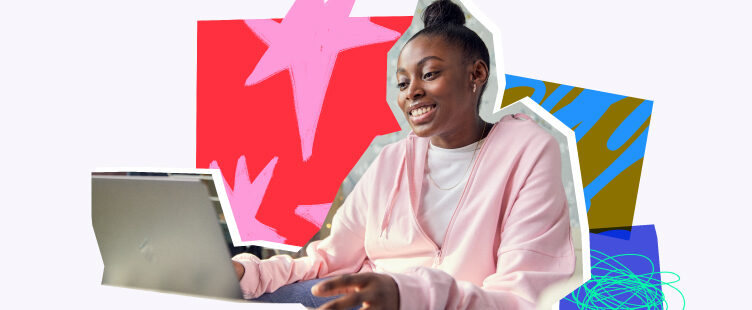 A young person sits smiling in front of their laptop. Behind them is illustrated graphics.