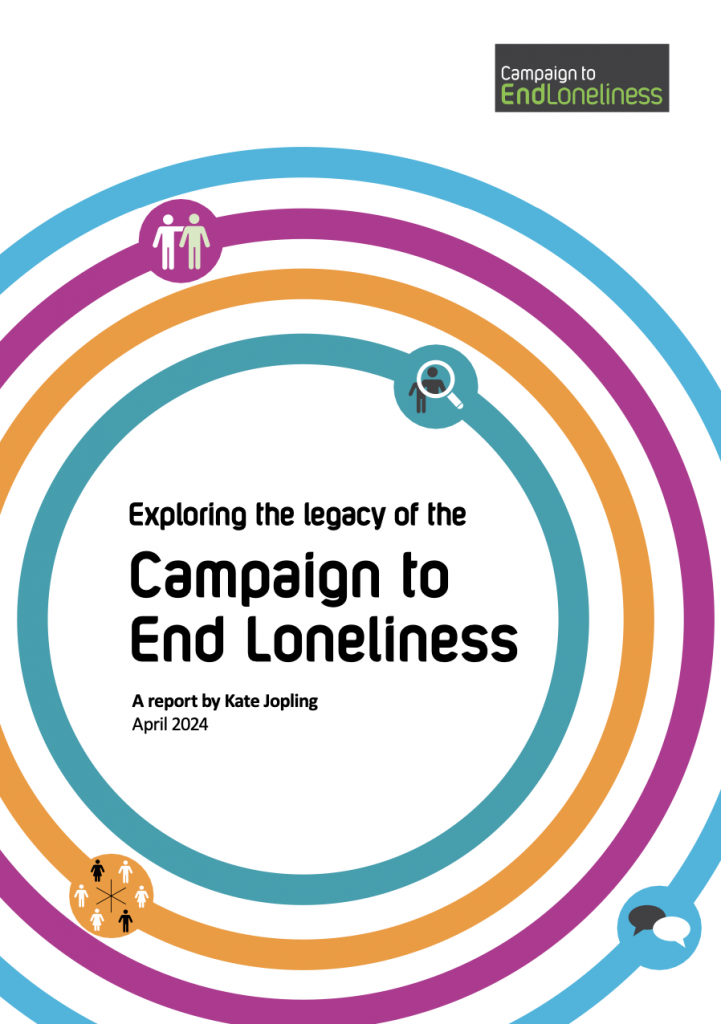 Front page of the Campaign to End Loneliness legacy report. Colourful ripples with four simple illustrations showing a magnifying glass, speech bubbles, and people surround the text 'Exploring the legacy of the Campaign to End Loneliness. A report by Kate Jopling. April 2024.'