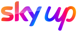 Sky Up logo with a range of colours through it; orange, pink, purpose and blue