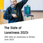 Front page of Campaign to End Loneliness report which shows a photo of a man smiling and holding his hand up in the air. The text reads, 'The State of Loneliness 2023: ONS data on loneliness in Britain. June 2023'